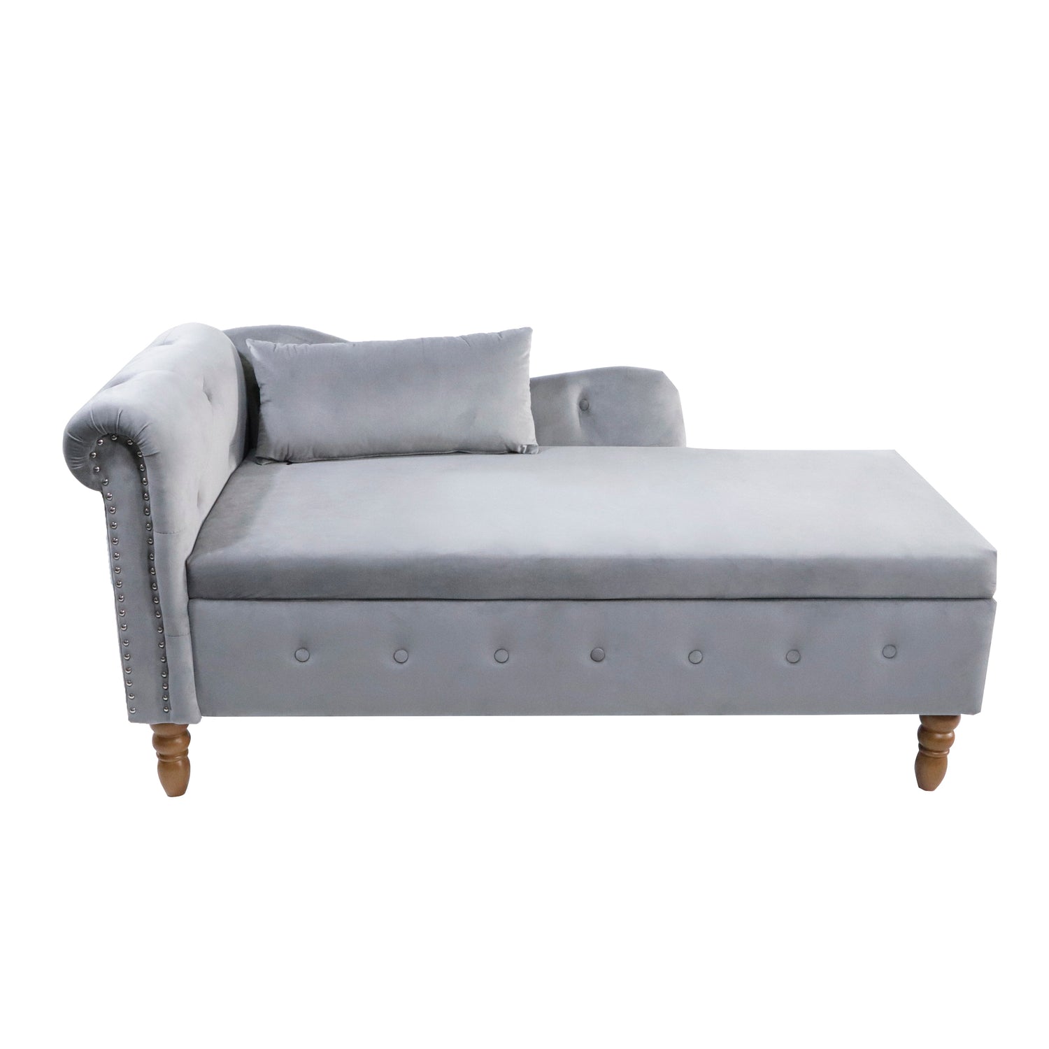 Grey Chaise Lounge Indoor Velvet Lounge Chair for Bedroom with Storage &amp; Pillow Modern Upholstered Rolled Arm Chase Lounge