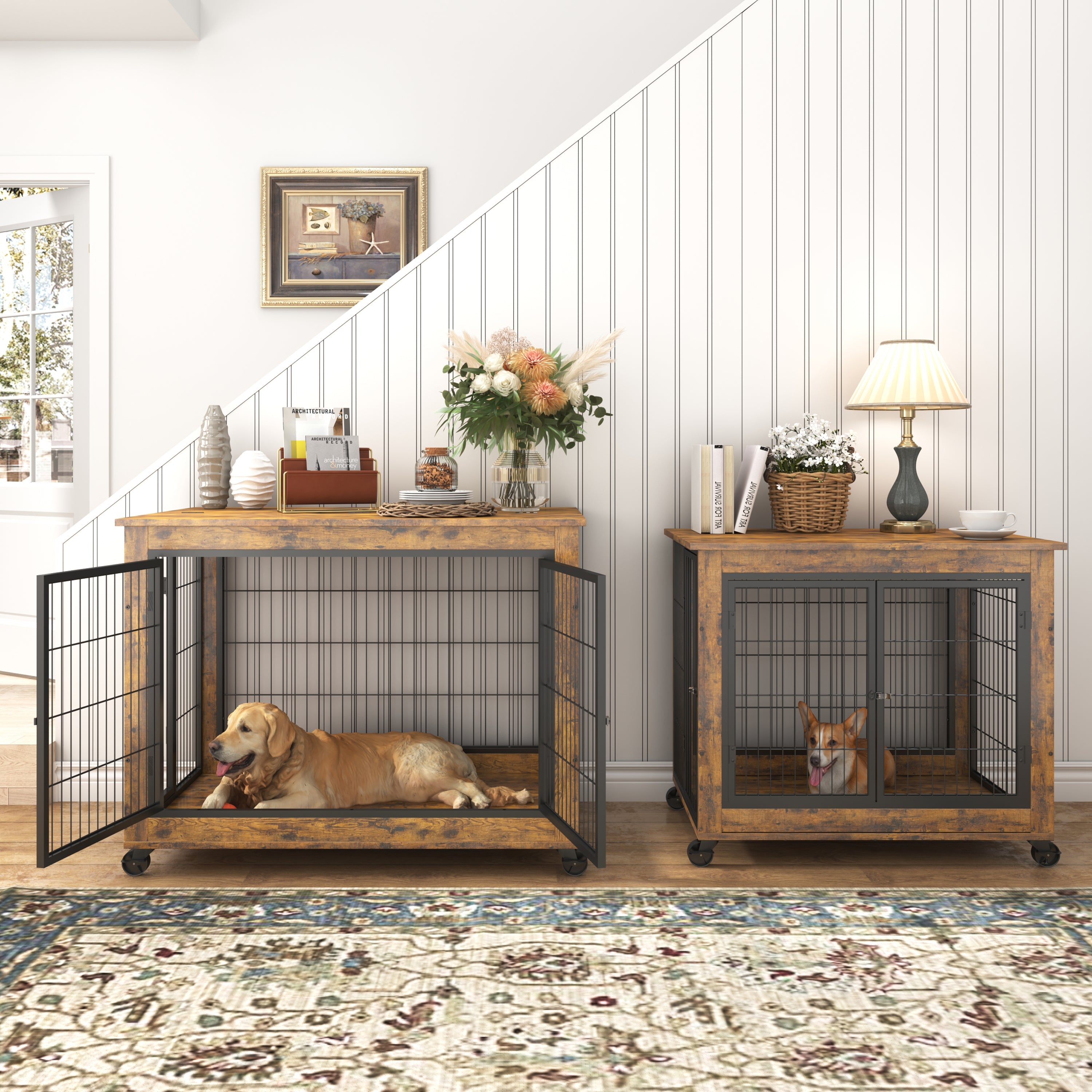 Furniture Dog Cage Crate with Double Doors, Rustic Brown, 38.58&