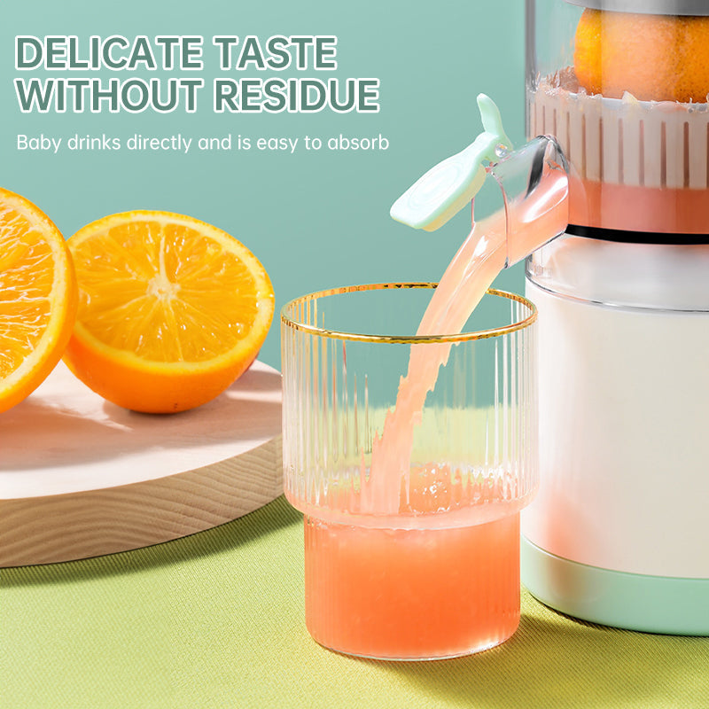 Portable USB - rechargeable slow juicer for oranges, lemons &amp; other fruits. A handy electric blender for home kitchens.