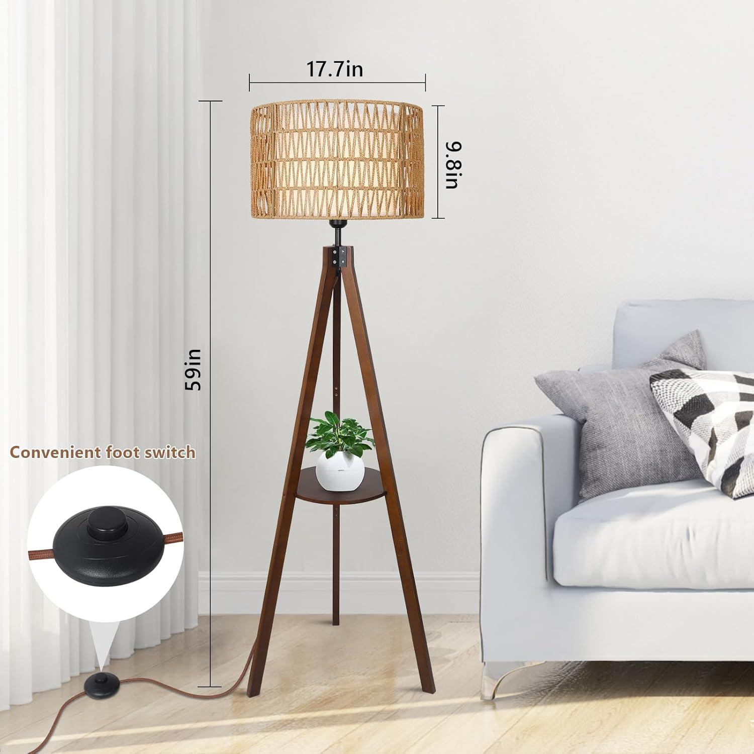 Boho Tripod Floor Lamp with Shelves, Mid Century Wood Standing Lamp with Rattan &amp; Fabric Shades, ON/Off Foot Switch Office