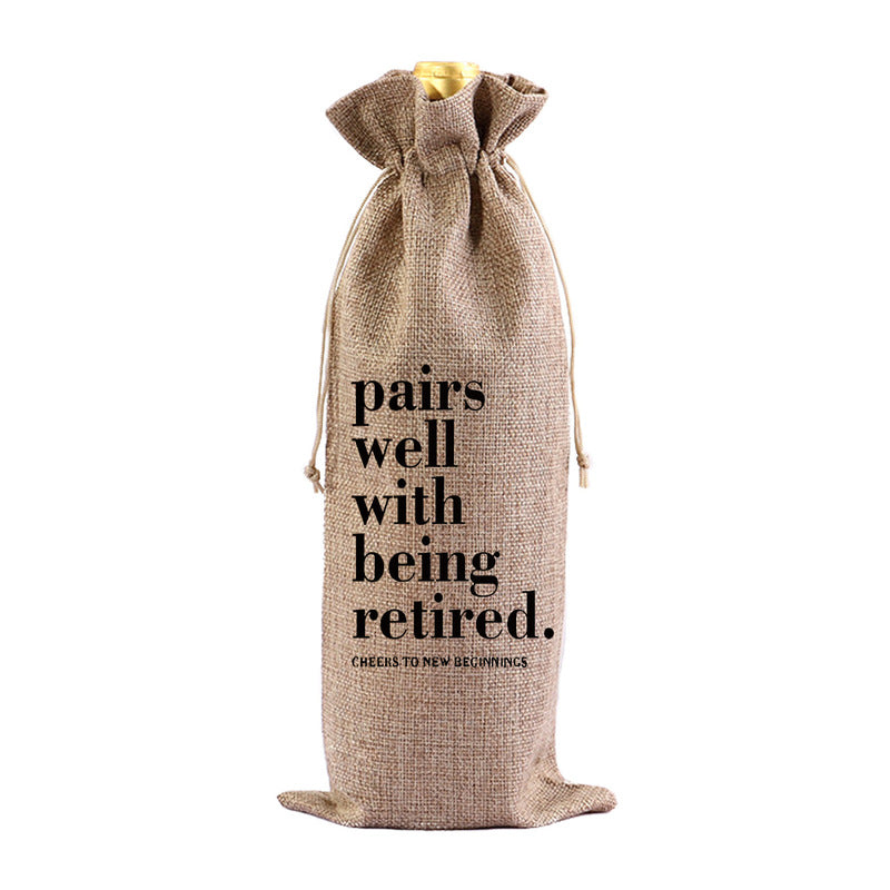 Red Wine Bag for Retirement Celebration: Party Wine Packaging Bag, Imitation Linen Drawstring Pouch, Gift Bag