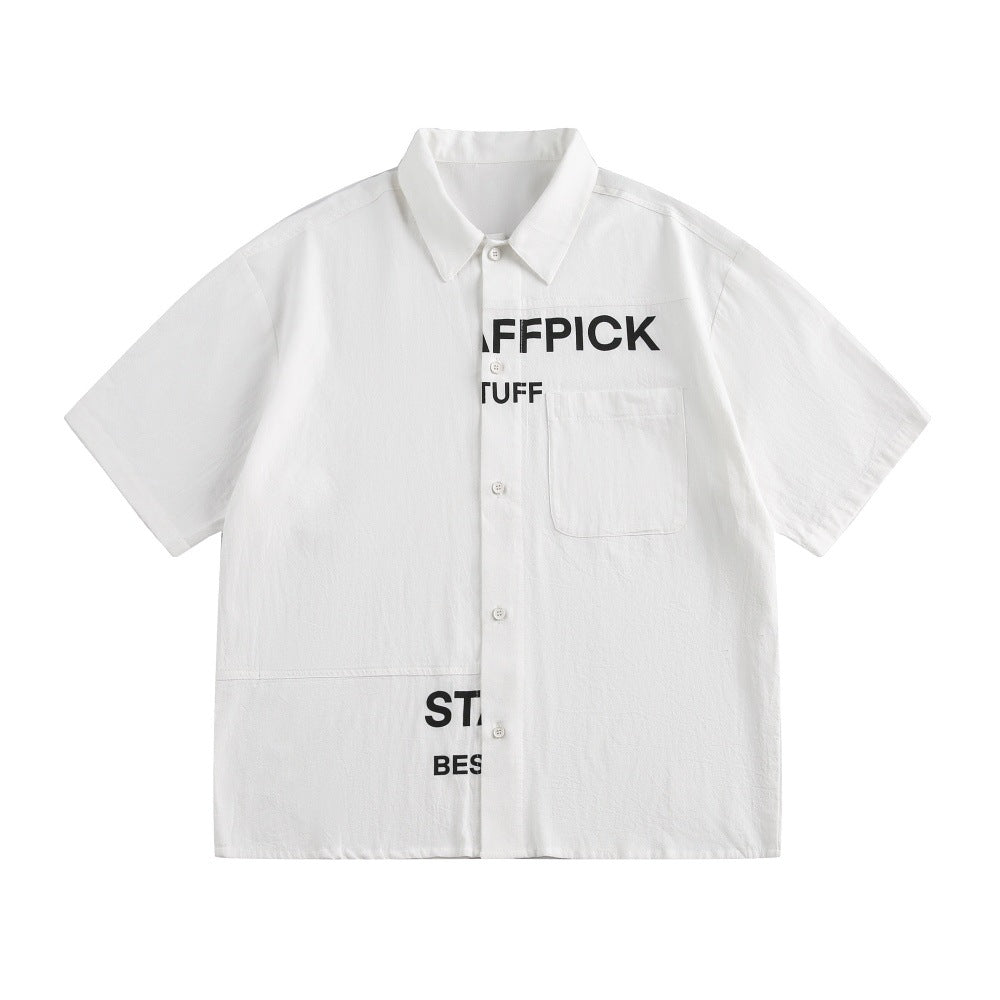 Alphabet Print Short Sleeve Shirt Workwear Japanese Style Loose Casual Design Summer Collar Shirt Men&