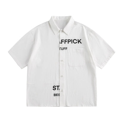 Alphabet Print Short Sleeve Shirt Workwear Japanese Style Loose Casual Design Summer Collar Shirt Men&