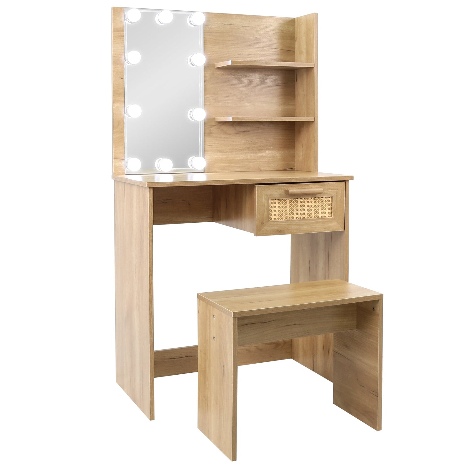 Vanity Desk Set Stool &amp; Dressing Table with LED Lighting Mirror Drawer and Wood Cosmetic Table Chest of Drawers Nature Color