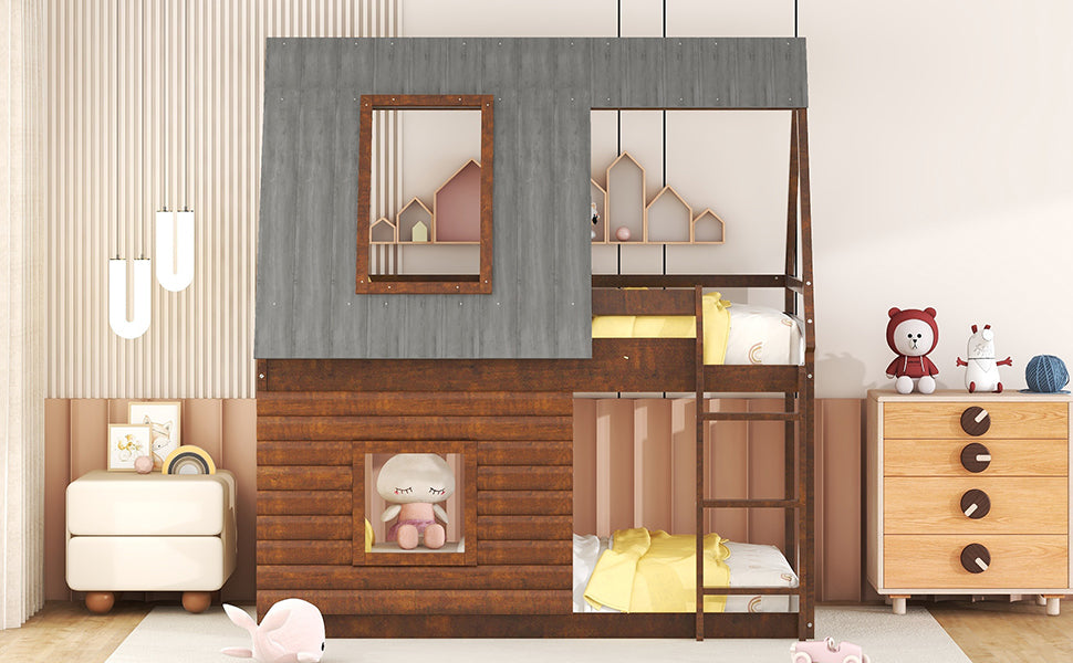 Wood Twin Size House Bunk Bed with Roof, Ladder and 2 Windows, Oak &amp; Smoky Grey
