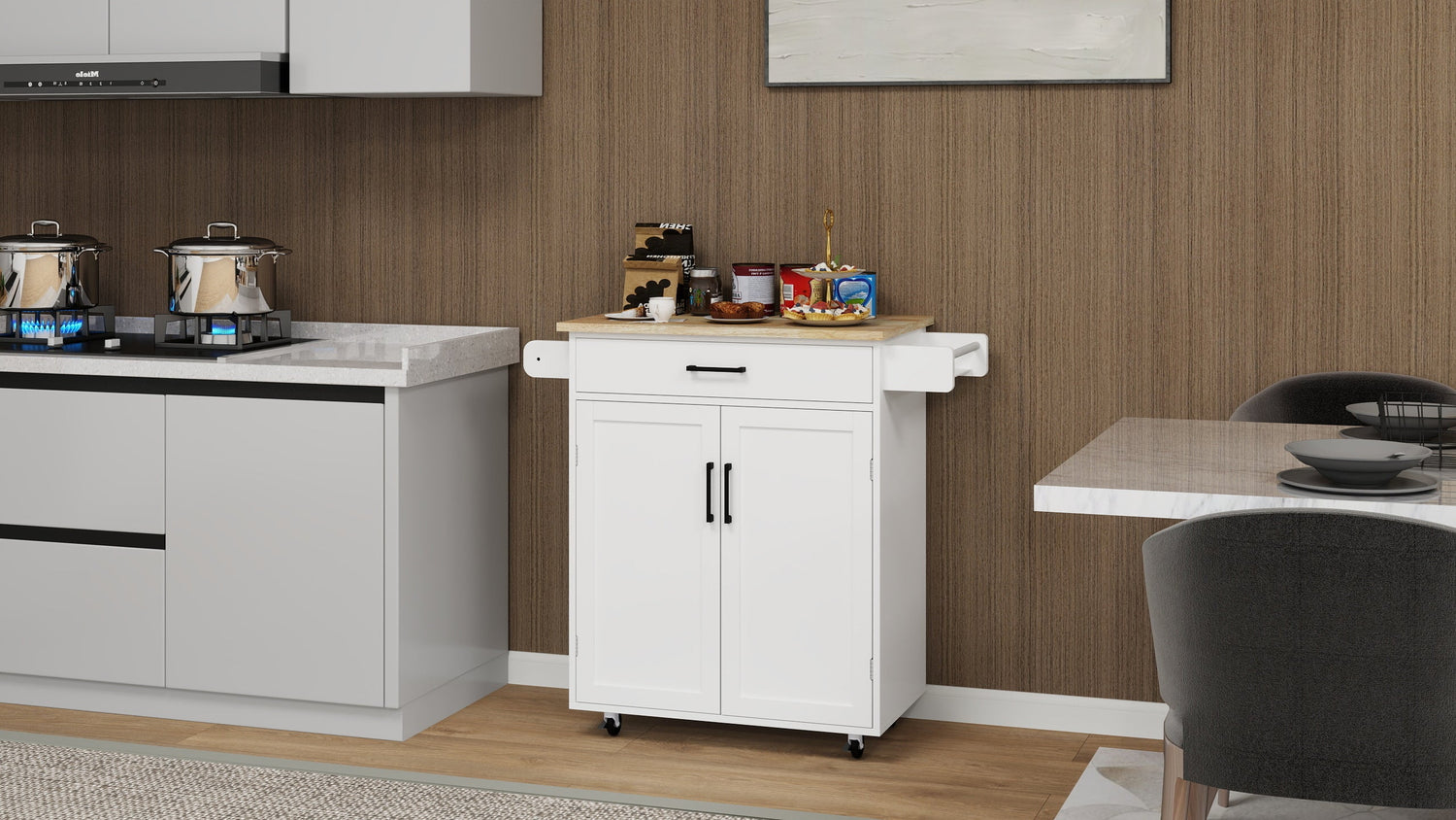 Kitchen island rolling trolley cart with 1 drawer &amp; 2 doors with storage racks &amp; Adjustable Shelves &amp; towel rack