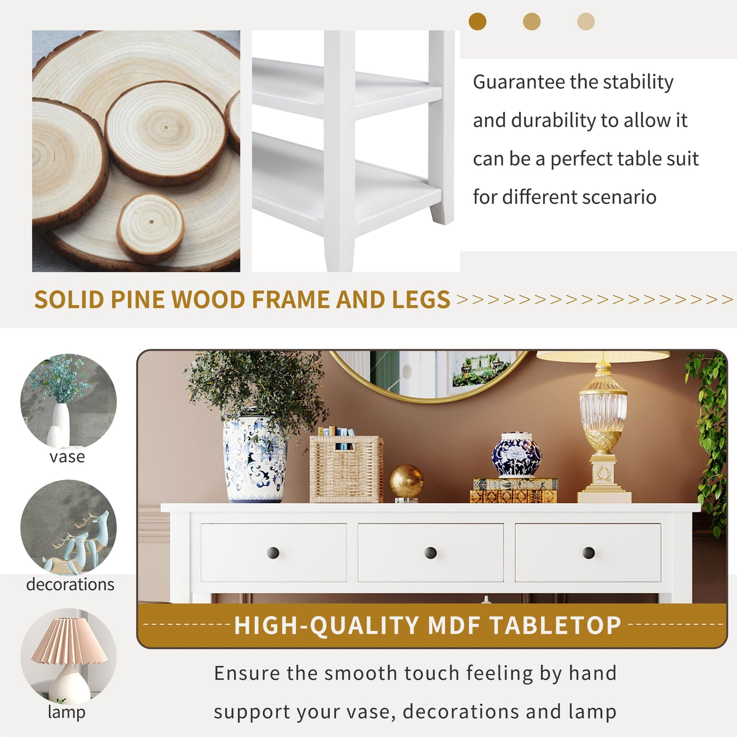 Retro Design Console Table with Two Open Shelves, Pine Solid Wood Frame and Legs for Living Room (Antique White)
