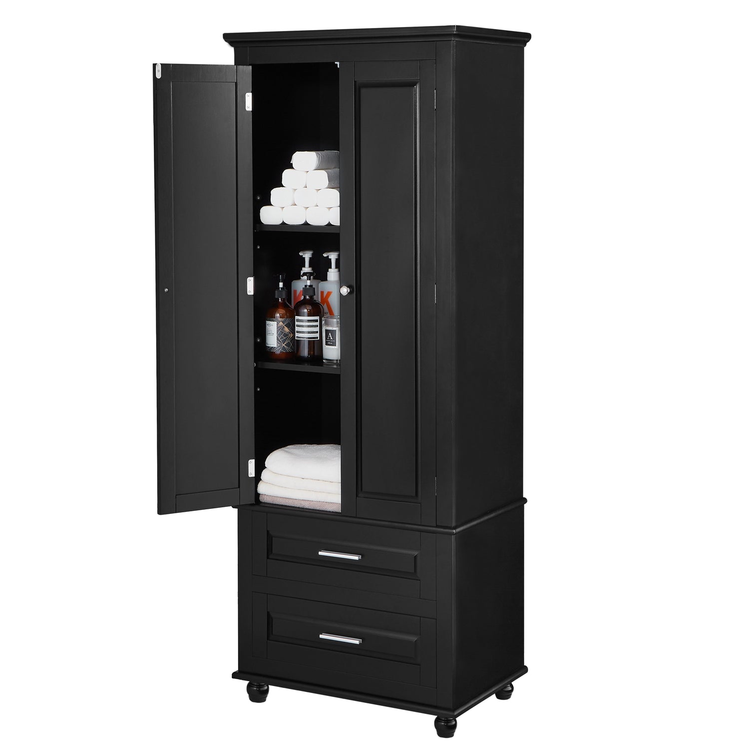 Tall Storage Cabinet with Two Drawers for Bathroom/Office, Black