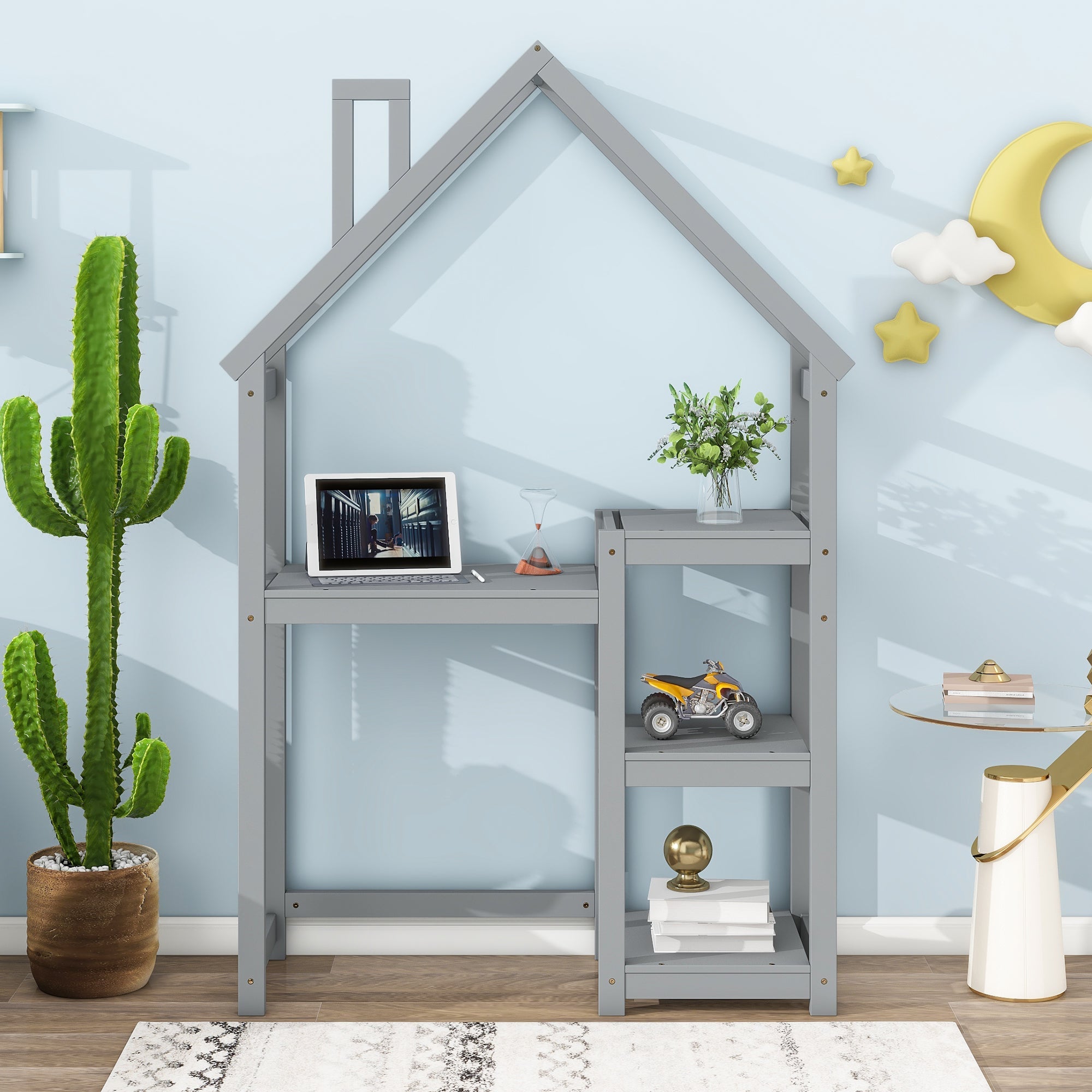 House-shaped Wooden writing Desk,Kids study Table,Bookshelf &amp; Toy Storage,Grey