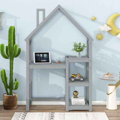 House-shaped Wooden writing Desk,Kids study Table,Bookshelf &amp; Toy Storage,Grey