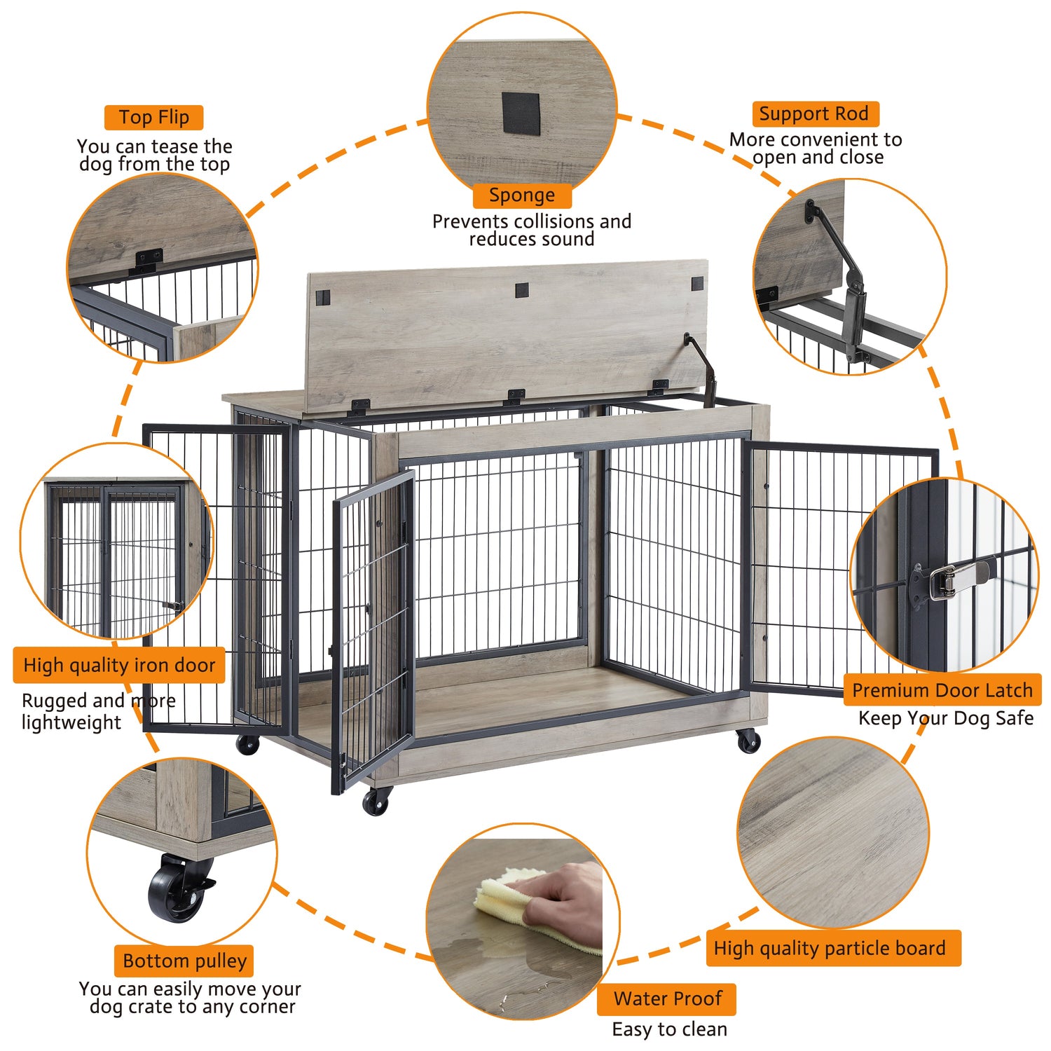 Furniture Style Dog Crate Side Table on Wheels with Double Doors and Lift Top.Grey,38.58&