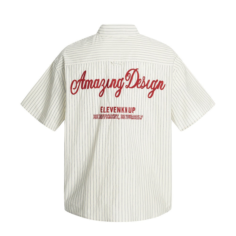 American Style Trendy Vertical Striped Embroidered Letter Short Sleeve Shirt Men&