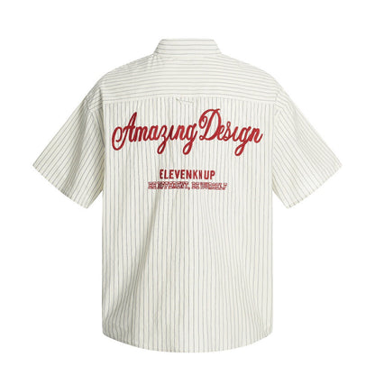 American Style Trendy Vertical Striped Embroidered Letter Short Sleeve Shirt Men&