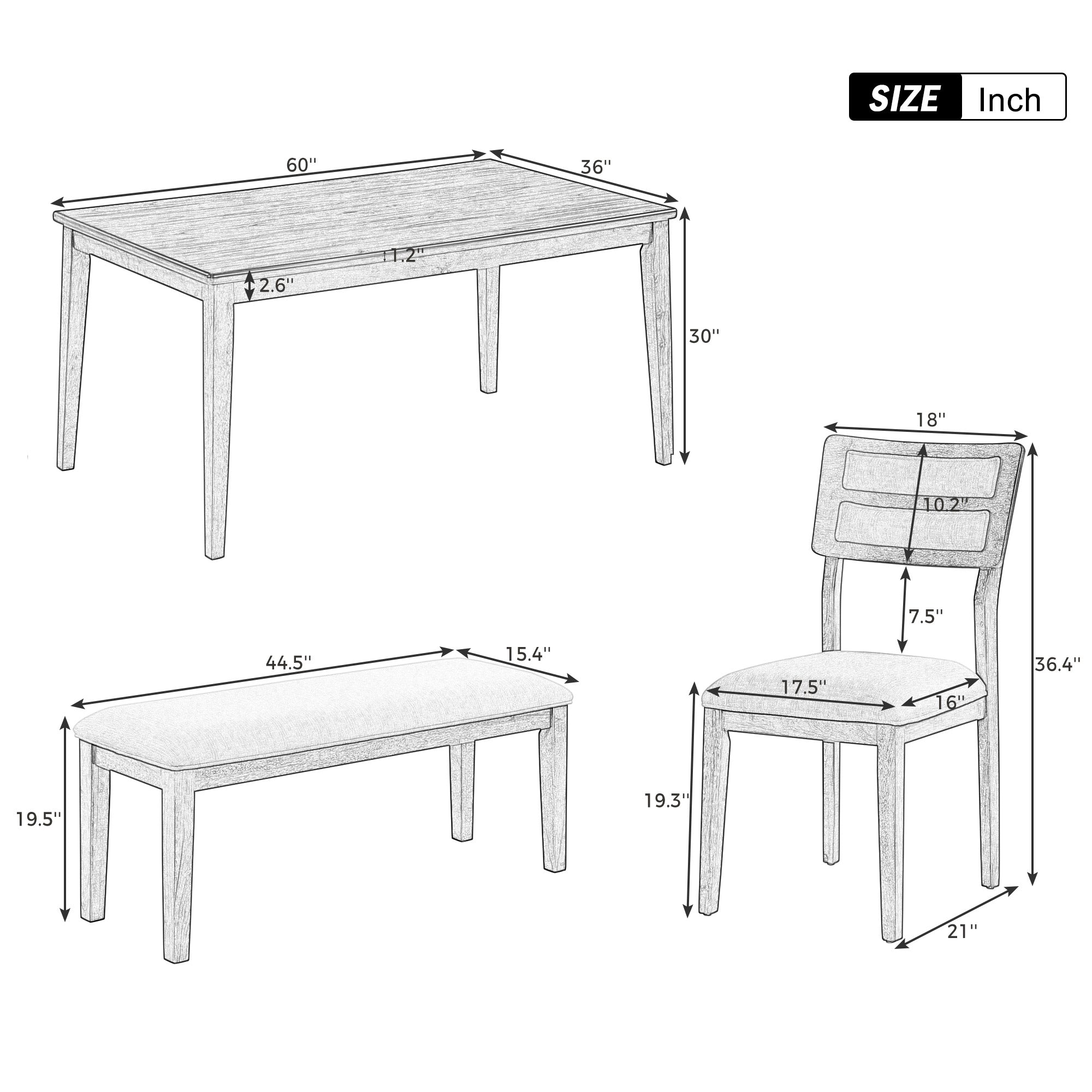 TREXM Classic and Traditional Style 6 - Piece Dining Set, Includes Dining Table  4 Upholstered Chairs &amp; Bench (White+Gray)