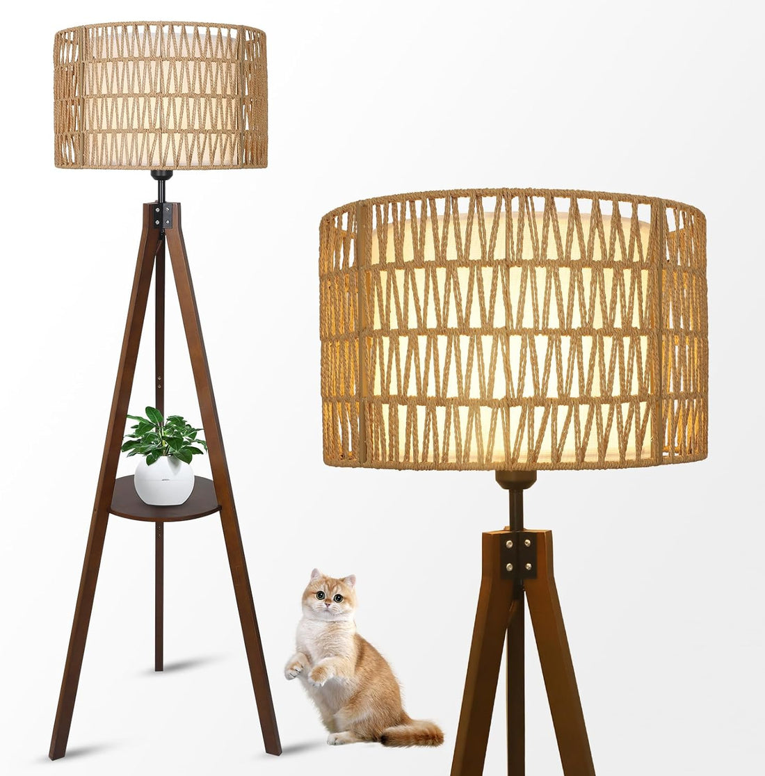 Boho Tripod Floor Lamp with Shelves, Mid Century Wood Standing Lamp with Rattan &amp; Fabric Shades, ON/Off Foot Switch Office
