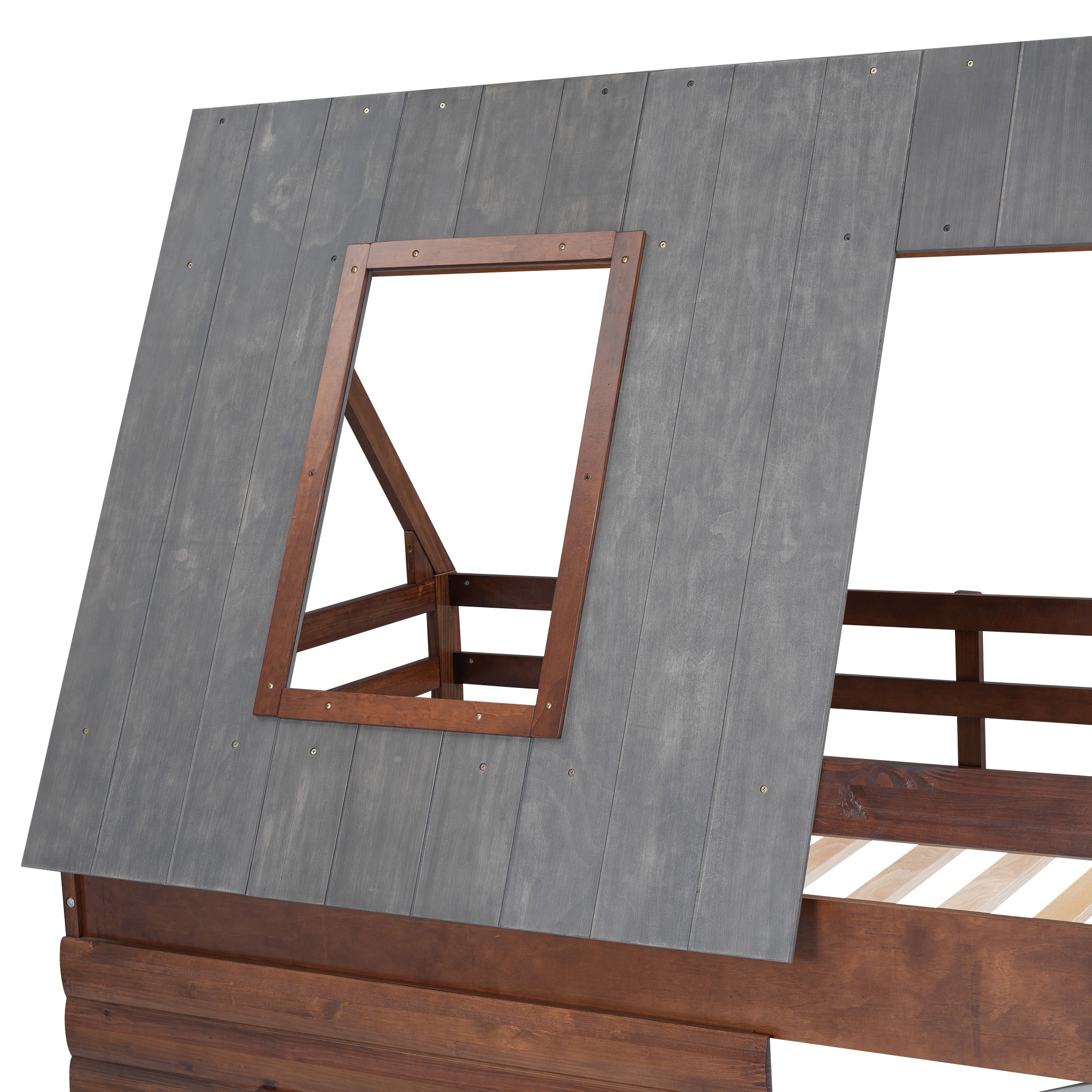 Wood Twin Size House Bunk Bed with Roof, Ladder and 2 Windows, Oak &amp; Smoky Grey