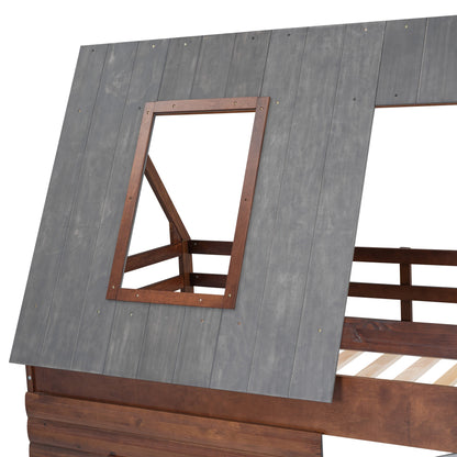 Wood Twin Size House Bunk Bed with Roof, Ladder and 2 Windows, Oak &amp; Smoky Grey