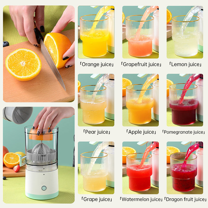 Portable USB - rechargeable slow juicer for oranges, lemons &amp; other fruits. A handy electric blender for home kitchens.