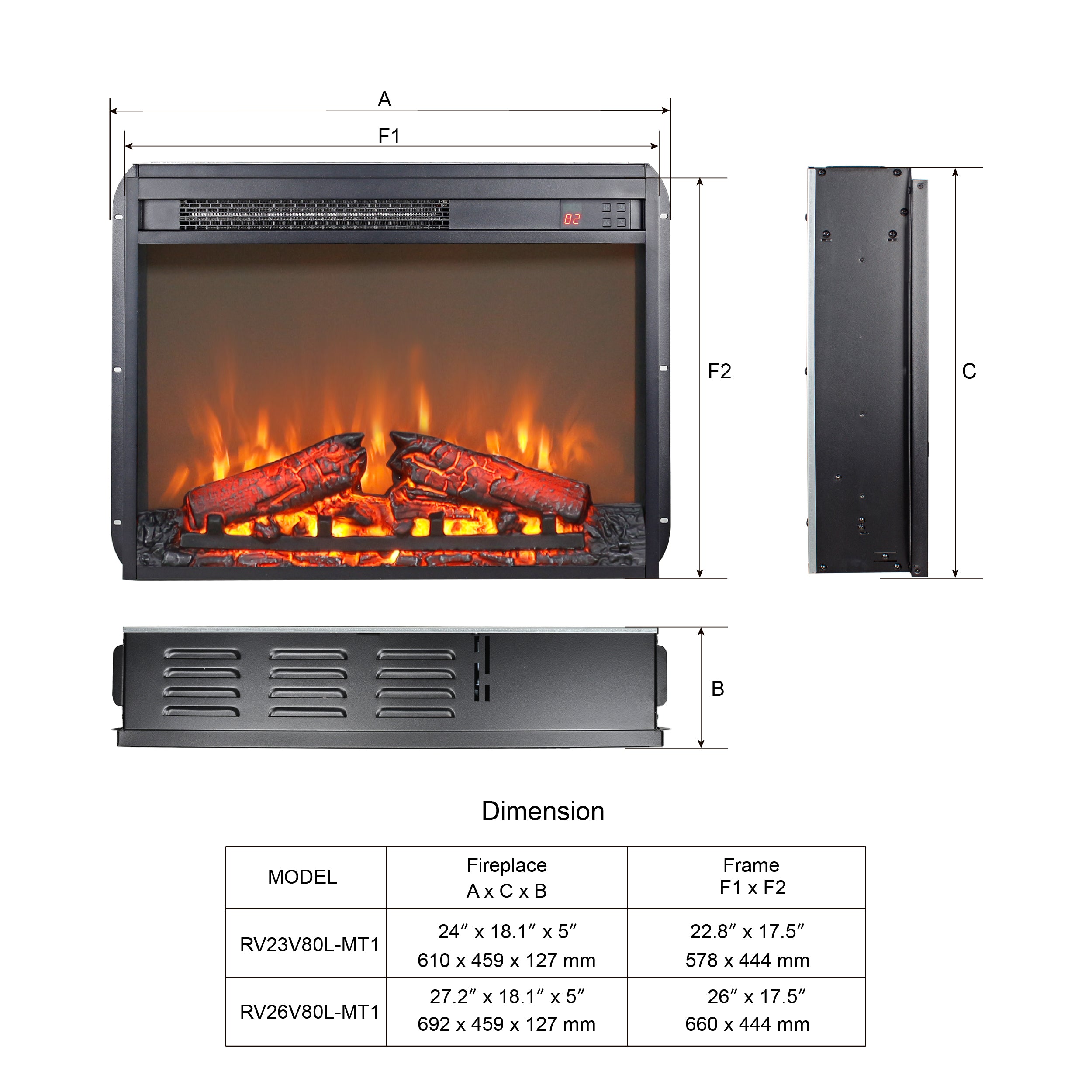 23 inch electric fireplace insert ultra thin heater with log set &amp; realistic flame remote control