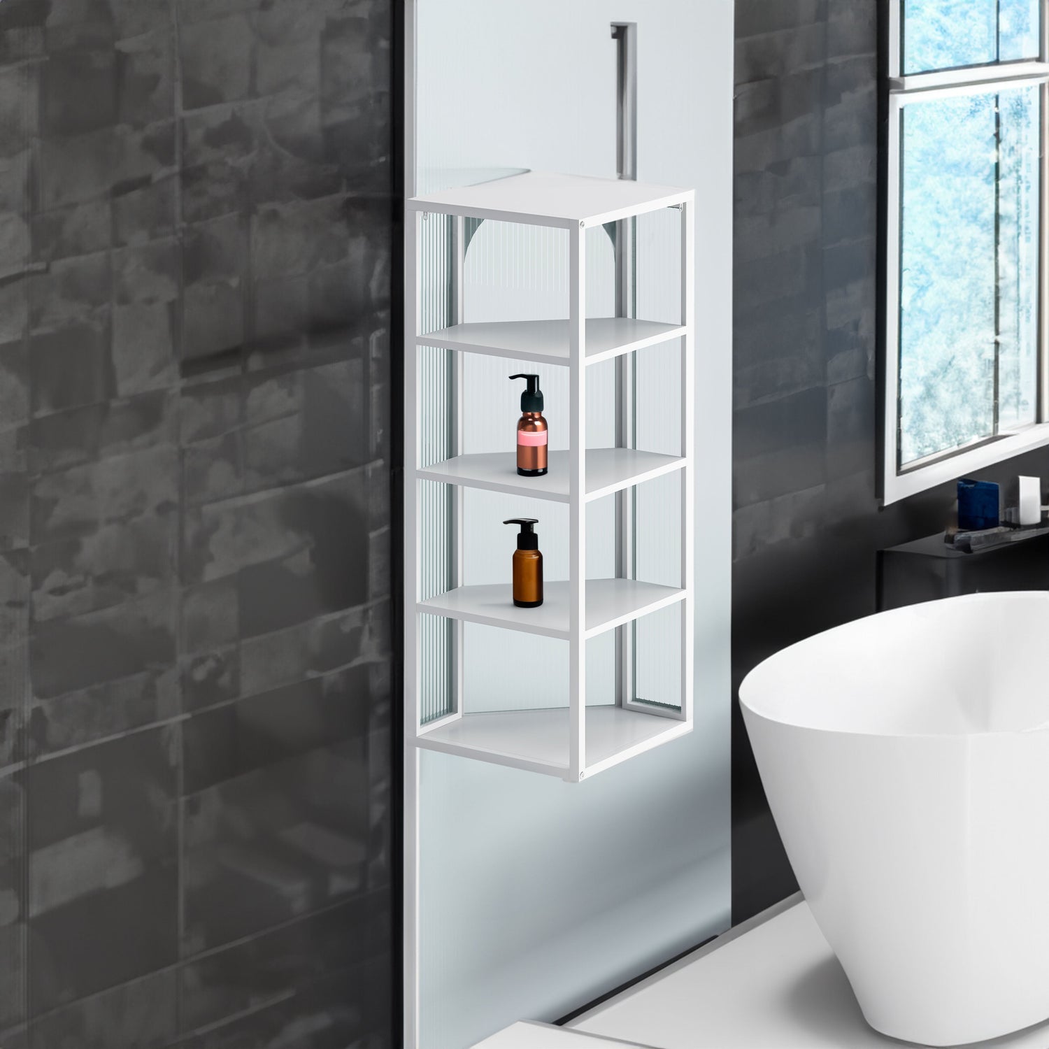 Glass Door Wall Mounted Corner Cabinet with Featuring Four-tier Storage  White