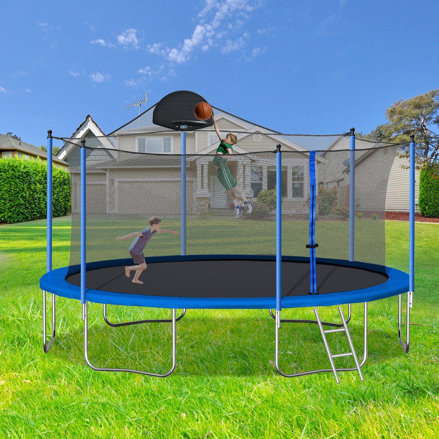 14FT Trampoline for Adults &amp; Kids with Basketball Hoop, Outdoor Trampolines w/Ladder and Safety Enclosure Net for Kids and Adult