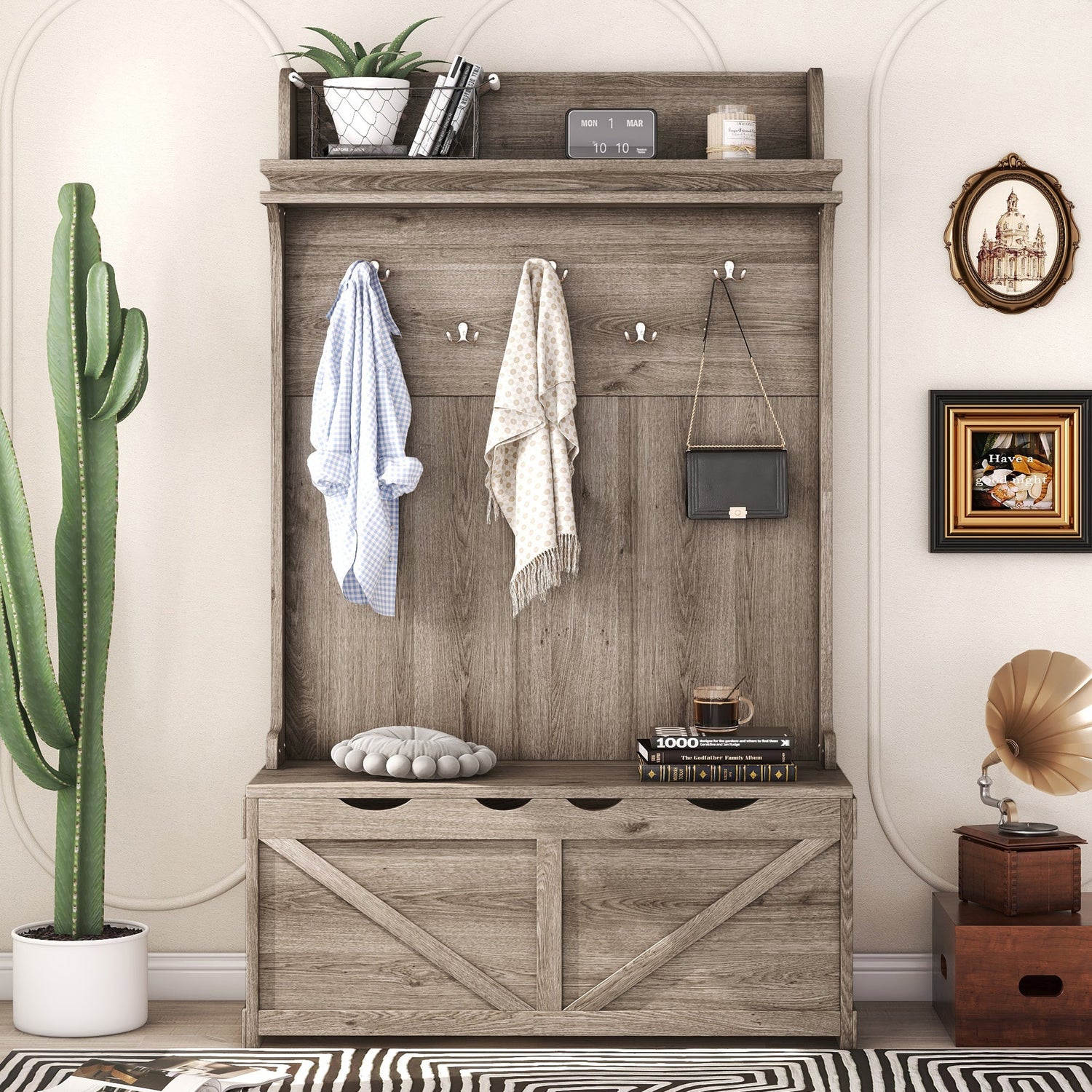 Hall tree with storage desk, entrance desk with drawers and 5 hooks, display rack,Oak