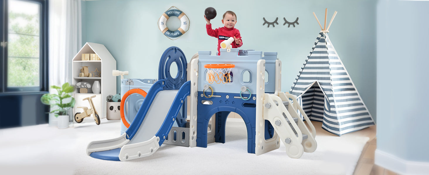 10-1 Toddler Slide Set,Kids Slide for Toddlers Ages 1+, Basketball Hoop Pirate Ship Themed Slide with Ship Head Indoor&amp; Outdoor