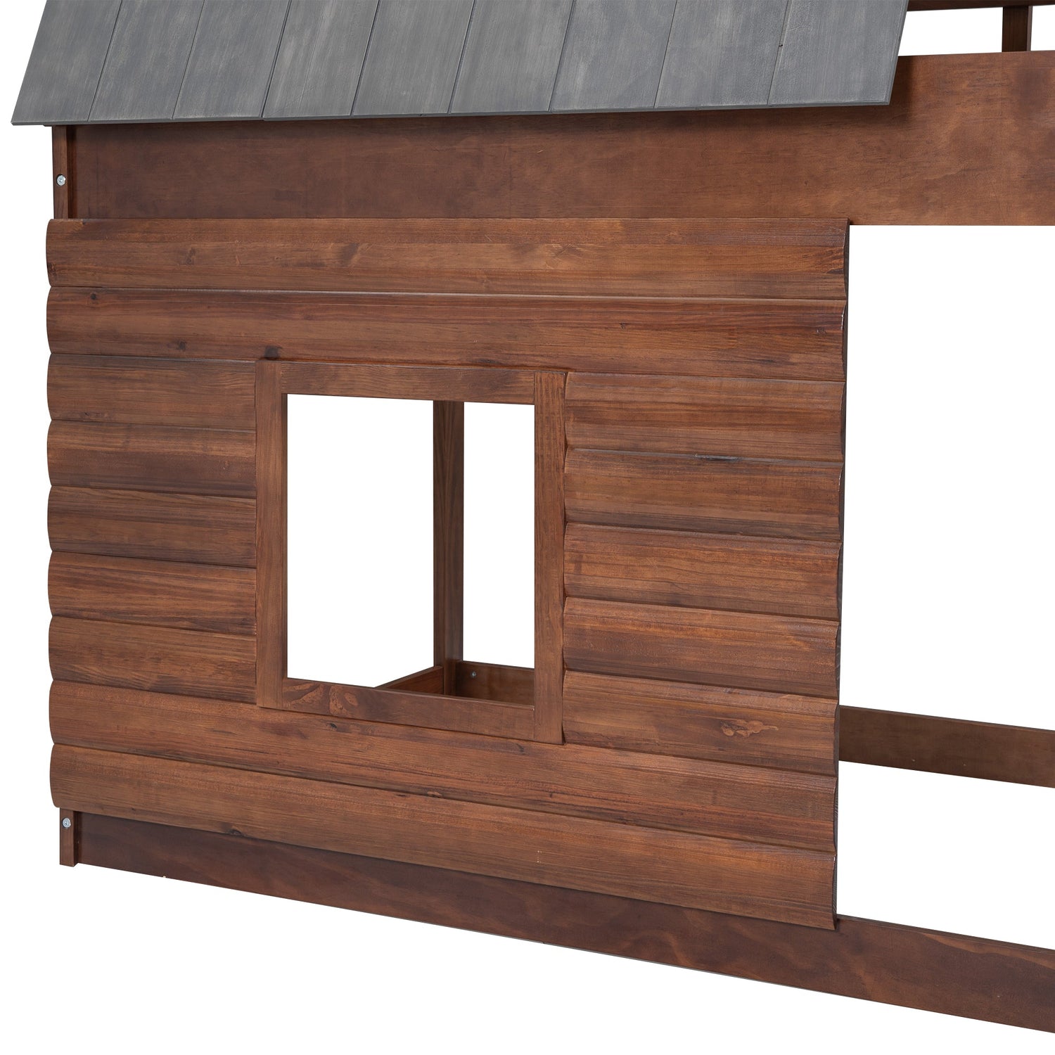 Wood Twin Size House Bunk Bed with Roof, Ladder and 2 Windows, Oak &amp; Smoky Grey