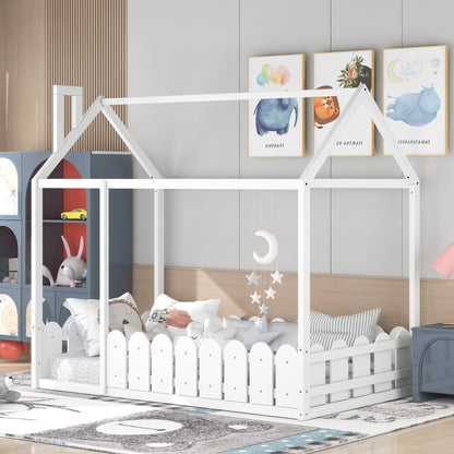 {Slats are not included}Twin Size Wood Bed House Bed Frame with Fence for KidsTeens Girls Boys {White}