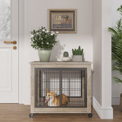 Furniture Dog Cage Crate with Double Doors on Casters. Grey, 31.50&