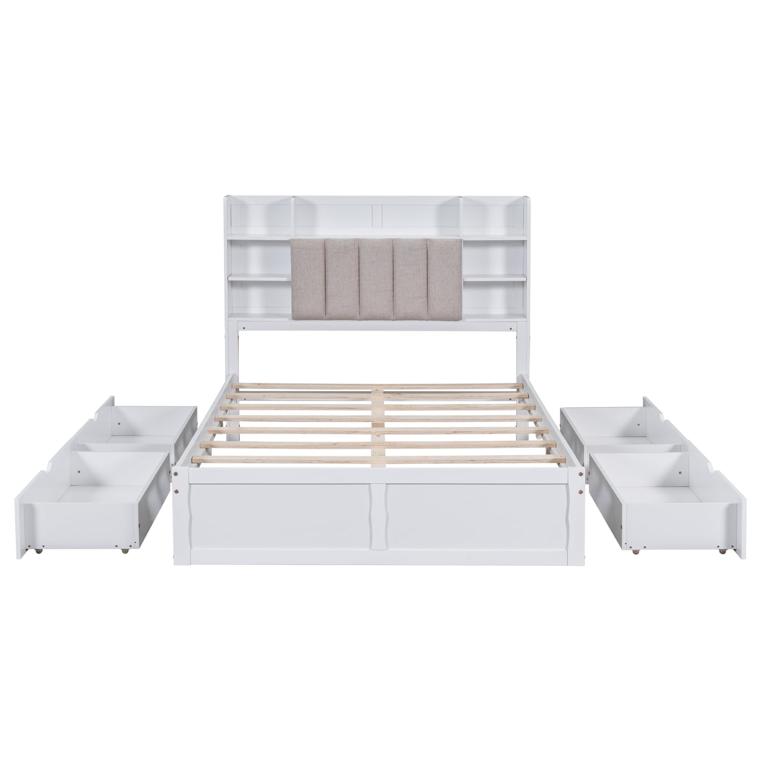 Multi-functional Full Size Bed Frame with 4 Under-bed Portable Storage Drawers and Multi-tier Bedside Storage Shelves White