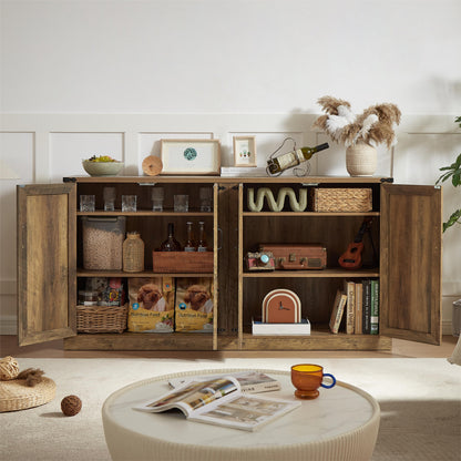 65-Inch Rustic Oak Color Faux Rattan Sideboard, Barn Door Rustic Style Sideboard, Living Room, Entryway, Bedroom