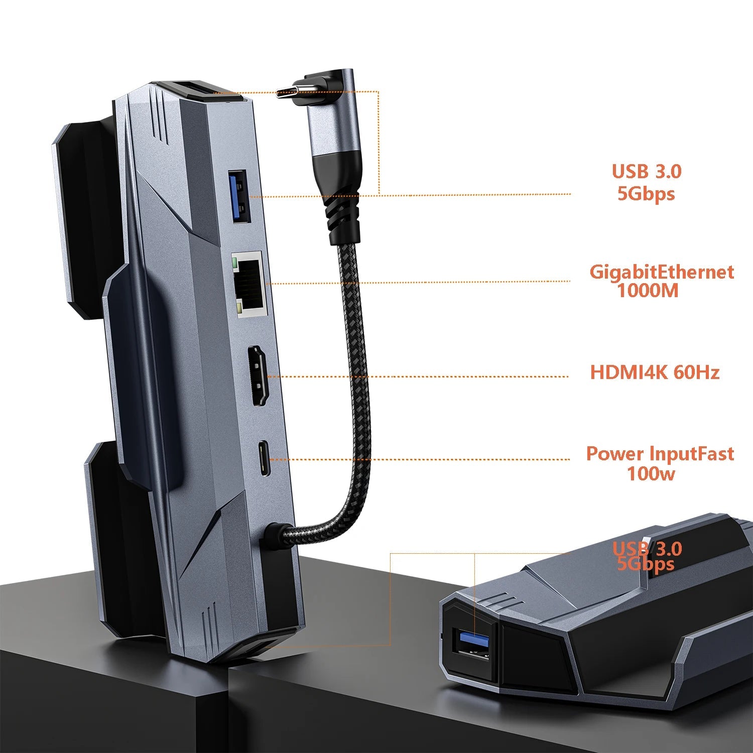Steam Deck Dock 6 in 1 Steam Deck Rog Ally Docking Station Stand Accessories 3*USB 3.0 HDMI 4K@60Hz Gigabit Ethernet PD 100W Hub