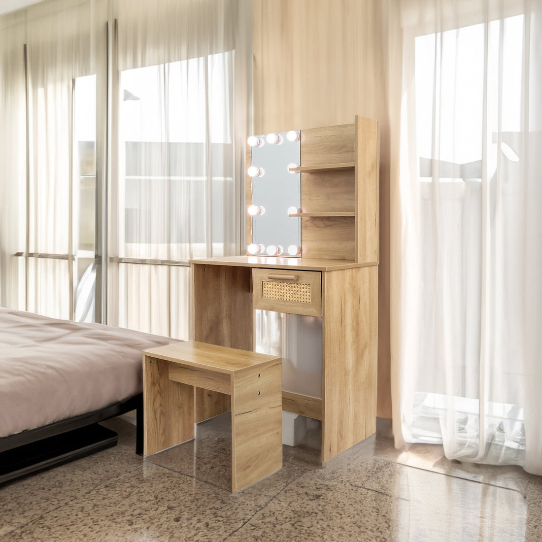 Vanity Desk Set Stool &amp; Dressing Table with LED Lighting Mirror Drawer and Wood Cosmetic Table Chest of Drawers Nature Color