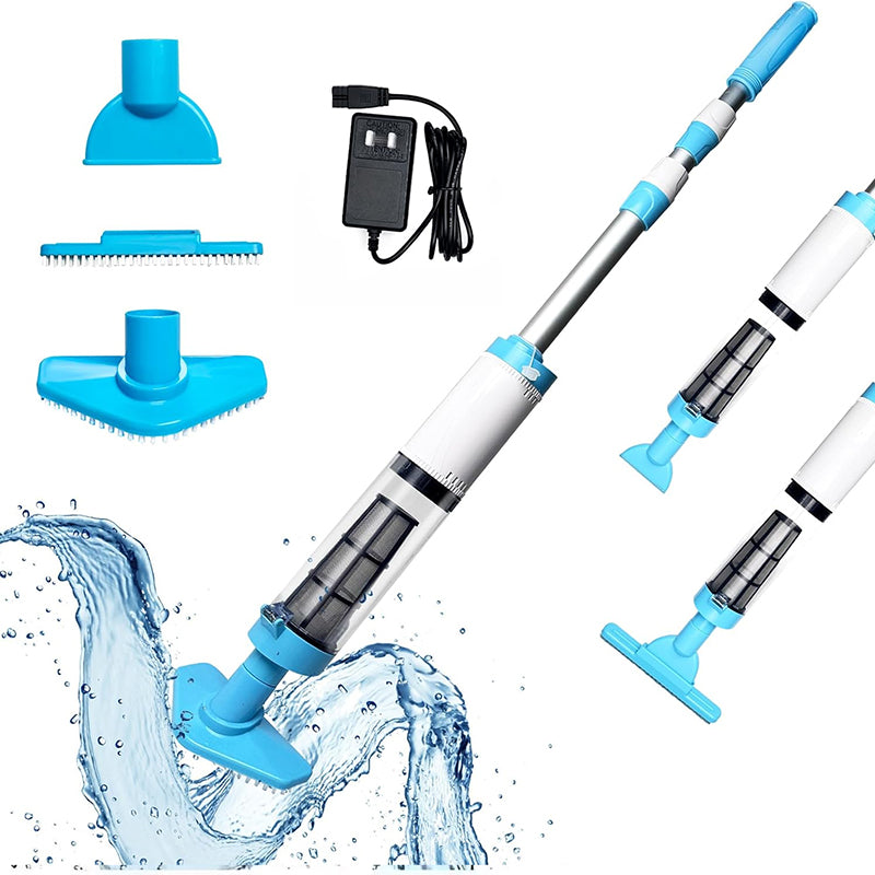 Rechargeable hand pool vacuum for spas/hot tubs/small pools, with auto immersion detector &amp; bristle nozzle.