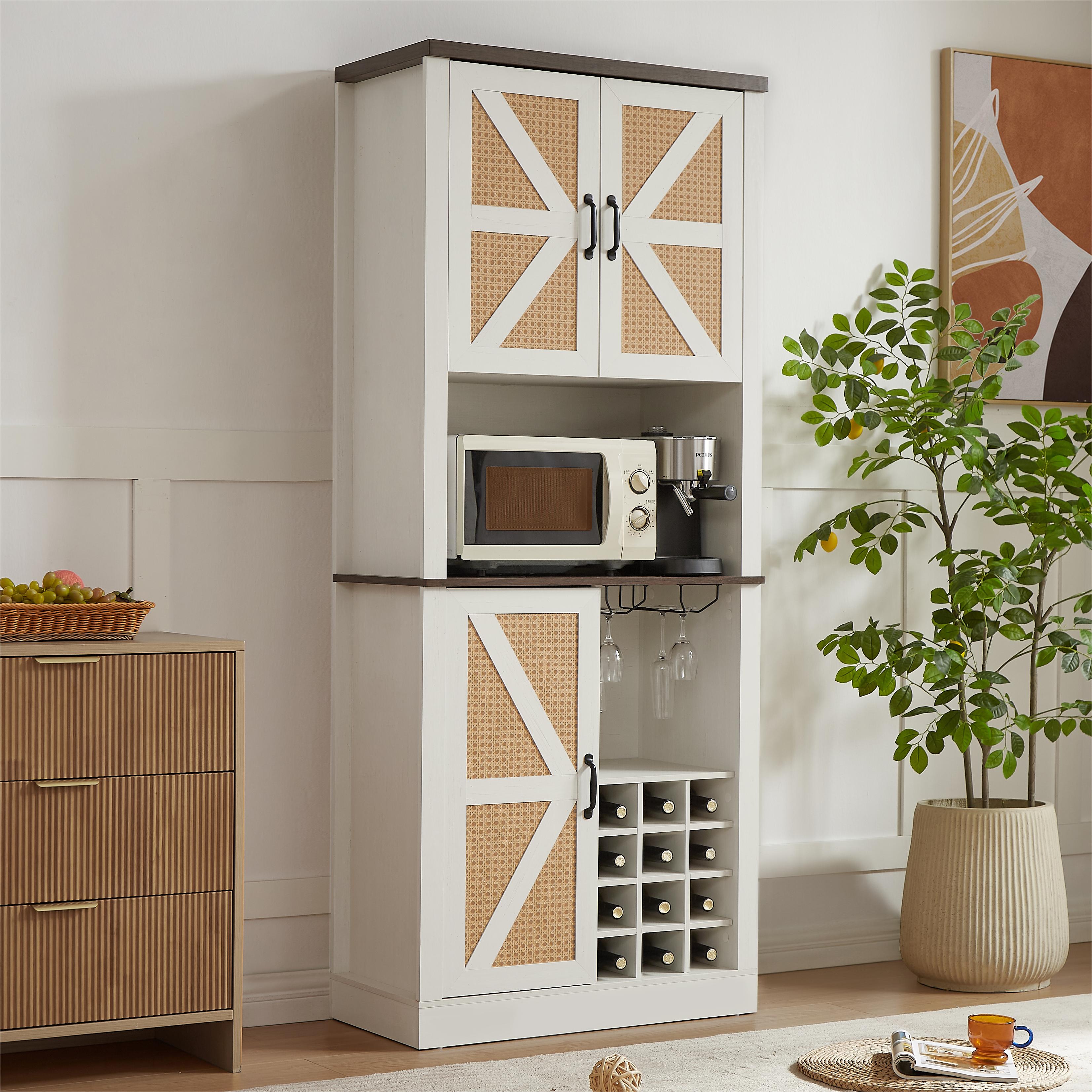 76 Inch Tall Farmhouse Kitchen Faux Rattan Wine Cabinet, Kitchen Bar Cabinet with Square Compartments and Shelves