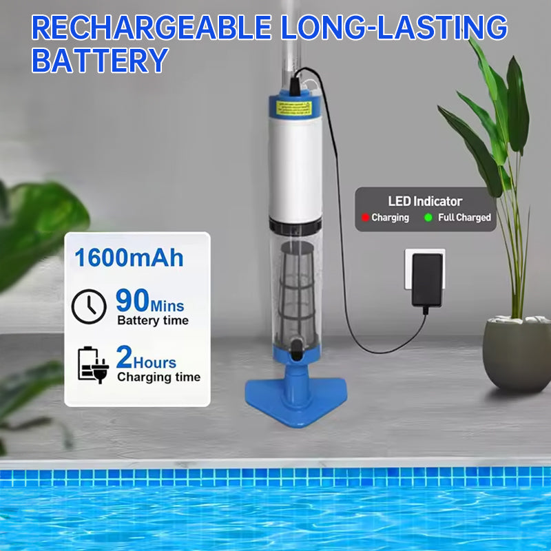 Rechargeable hand pool vacuum for spas/hot tubs/small pools, with auto immersion detector &amp; bristle nozzle.