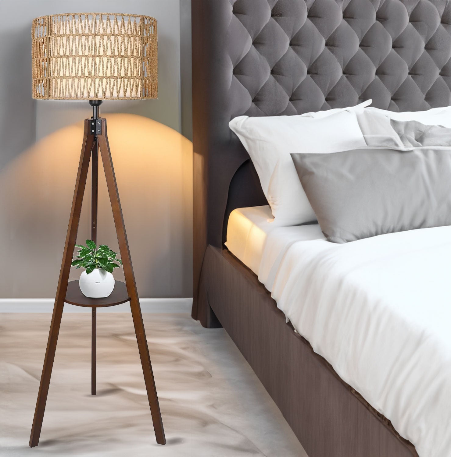 Boho Tripod Floor Lamp with Shelves, Mid Century Wood Standing Lamp with Rattan &amp; Fabric Shades, ON/Off Foot Switch Office