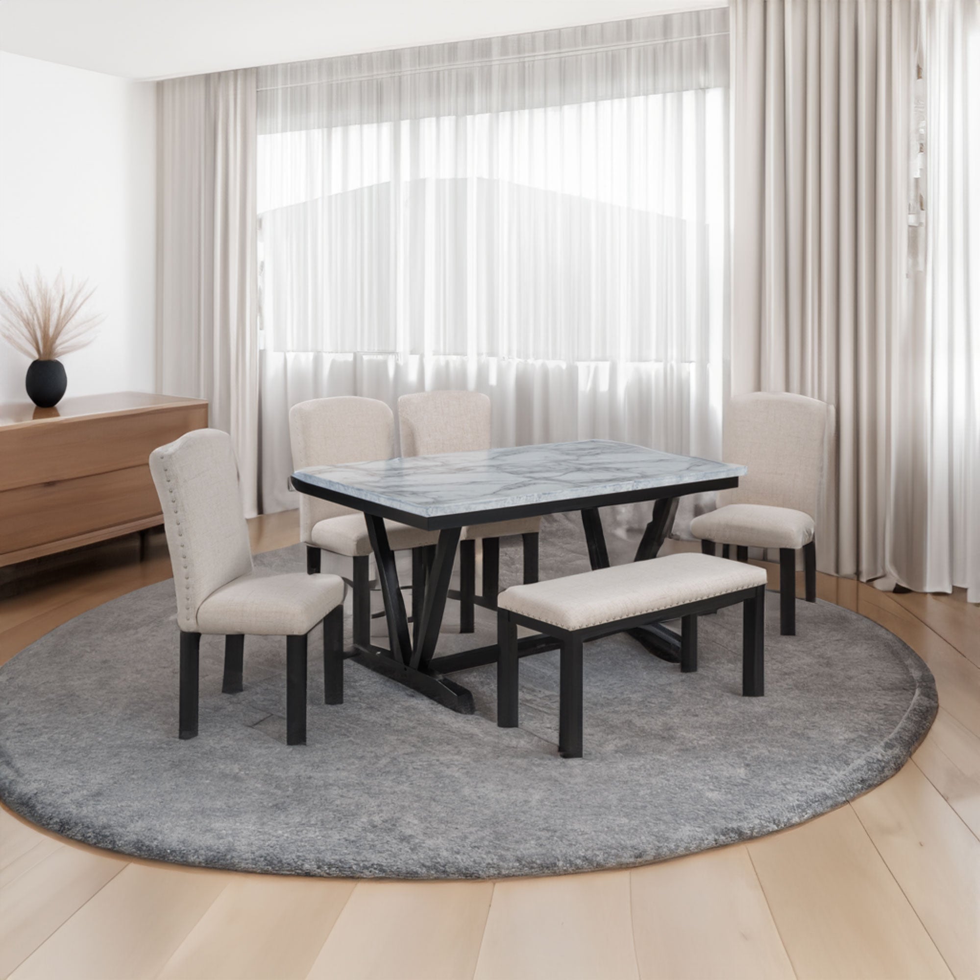 TREXM Modern Style 6-piece Dining Table with 4 Chairs &amp; 1 Bench (White)