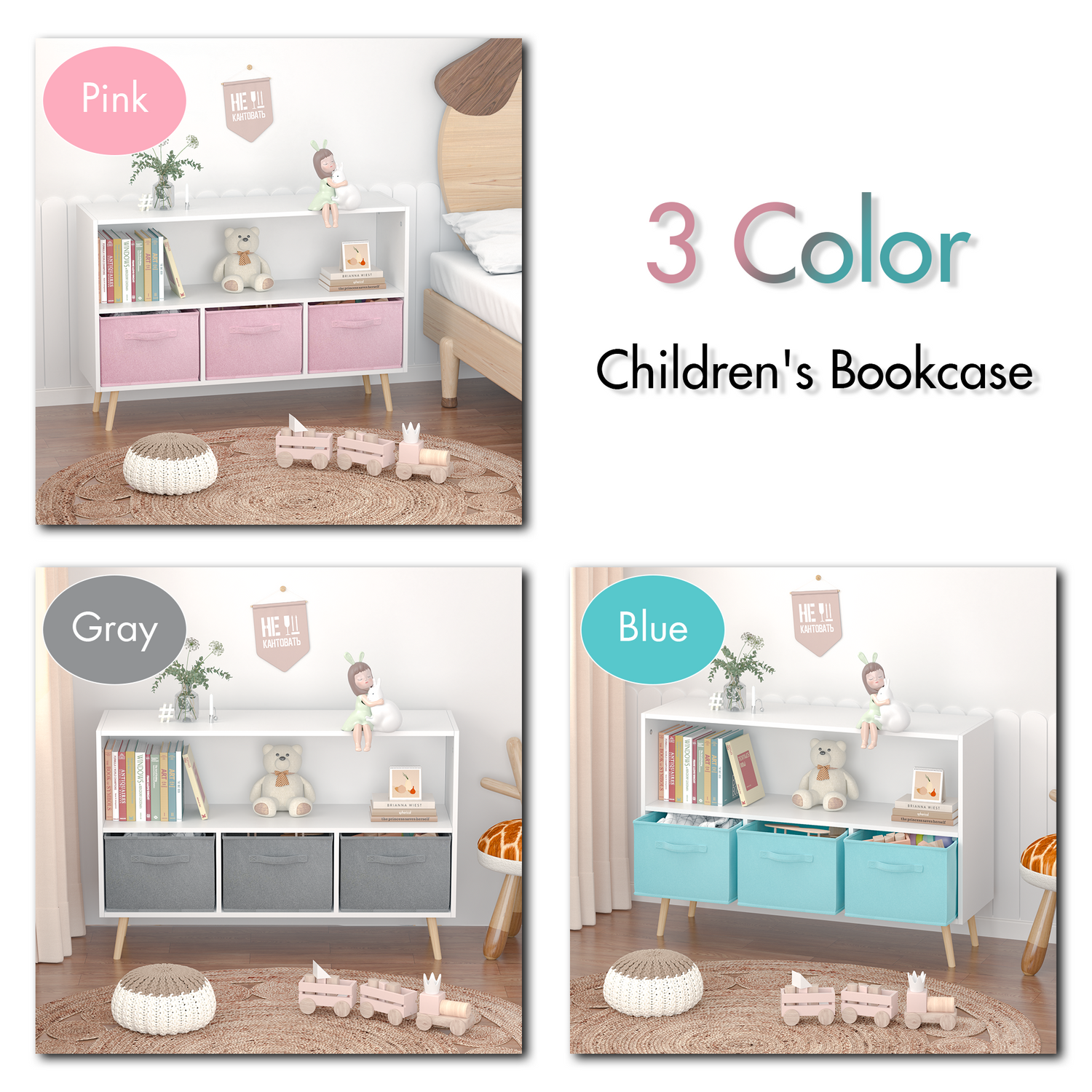 Kids bookcase with Collapsible Fabric Drawers Children&