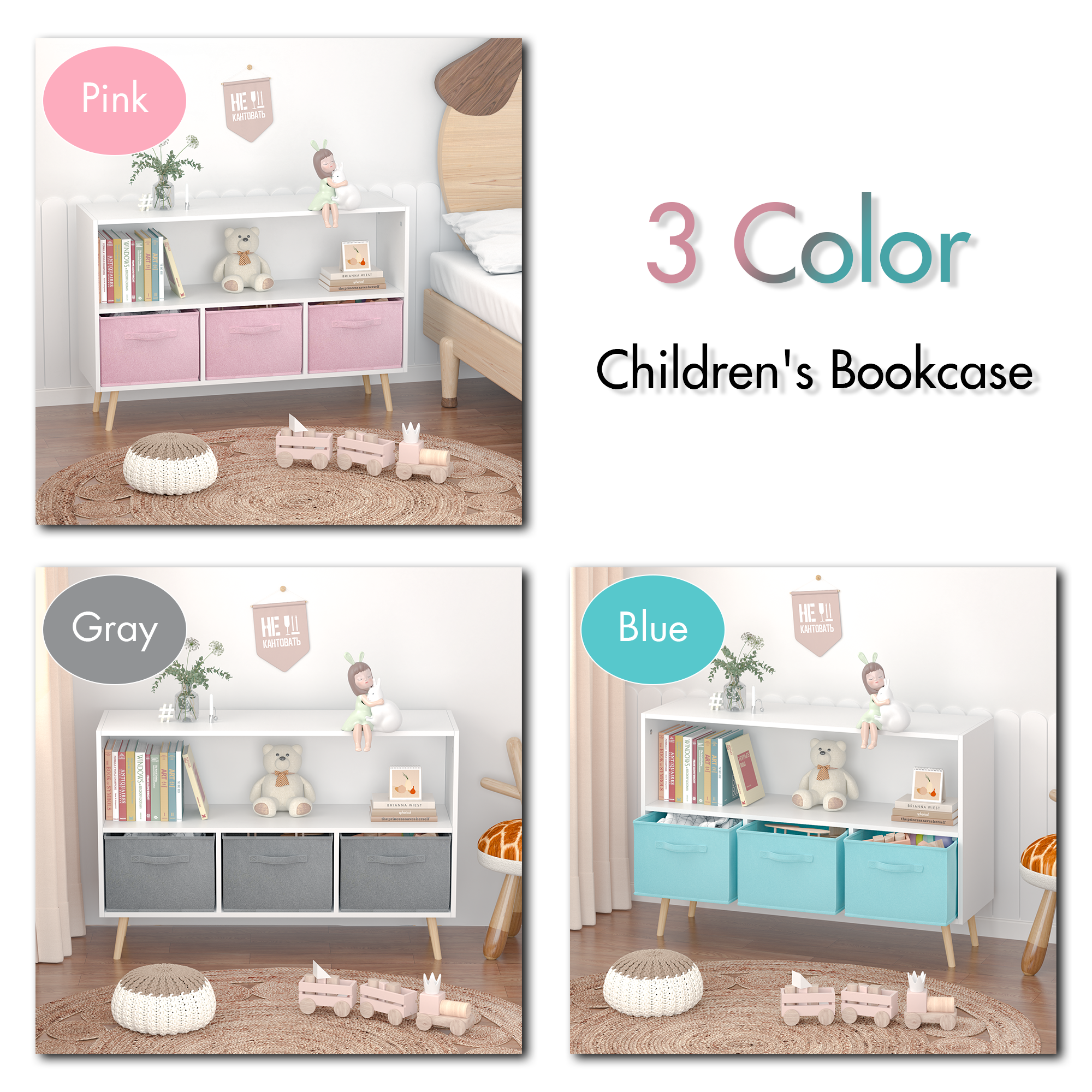 Kids bookcase with Collapsible Fabric Drawers Children&