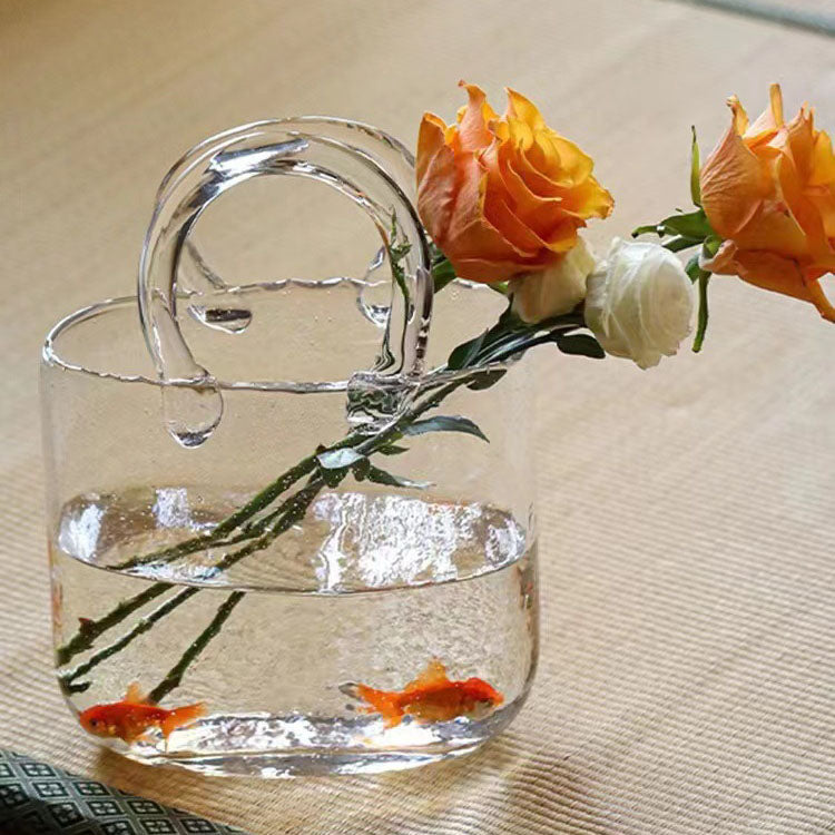 Nordic net red bag, glass vase, portable blue primary color decoration, creative light luxury living room water culture flower arrangement decoration