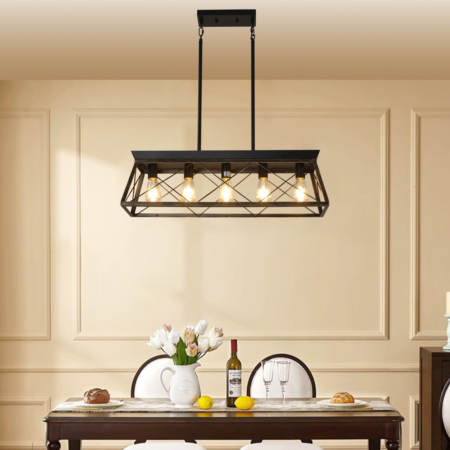 5-Light Farmhouse Chandeliers for Dining Room Metal Rustic Pendant Island Light  Modern Rectangular Island Lights (No Bulbs)