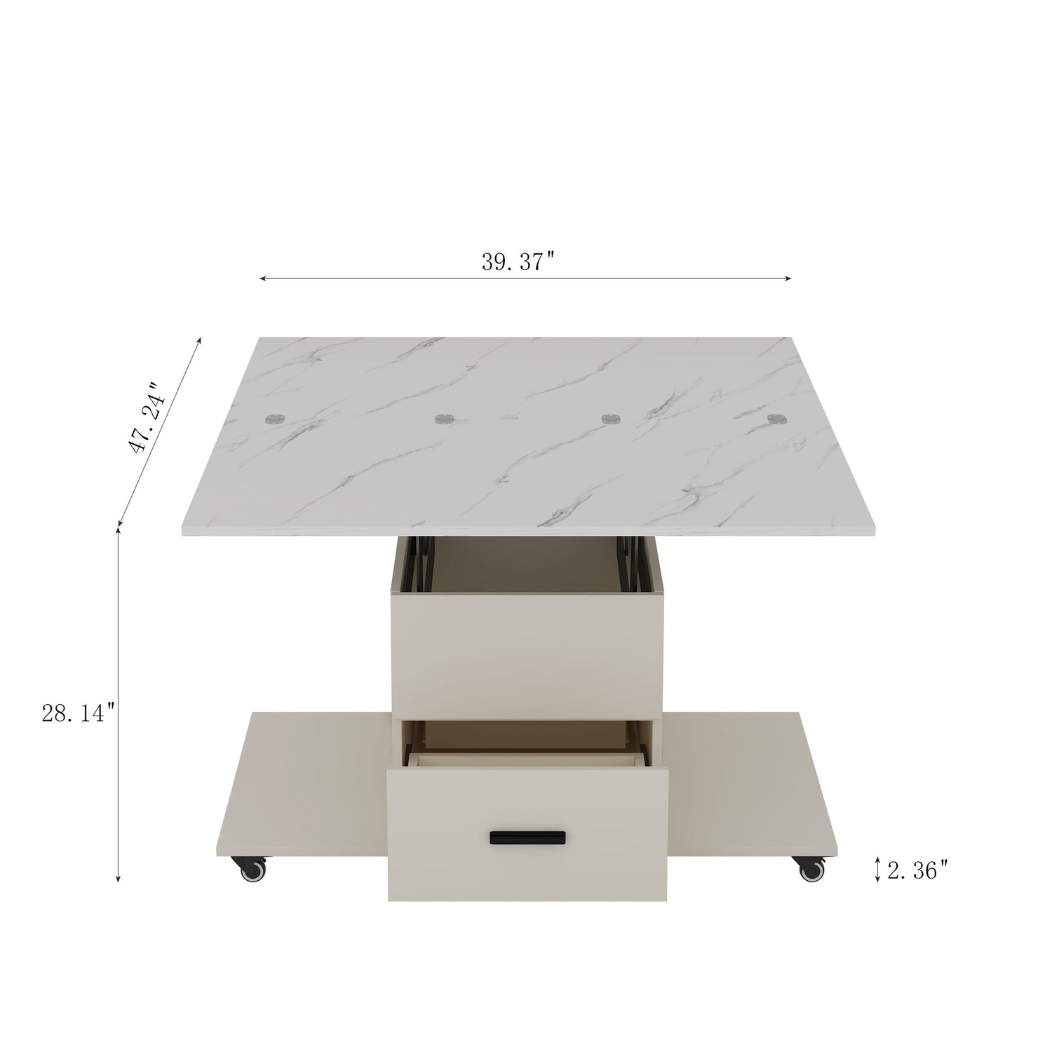Modern lift coffee table, living room with 4 chairs, expandable 1 hidden storage space+2 drawers, folding dining table