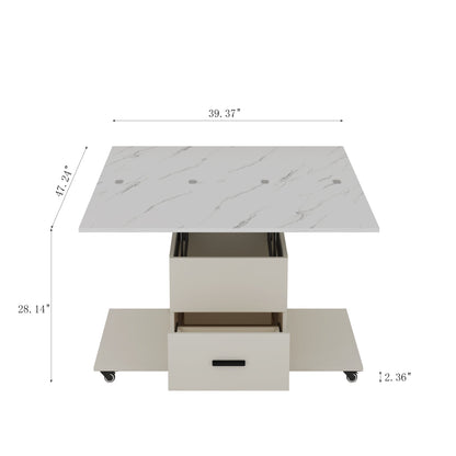 Modern lift coffee table, living room with 4 chairs, expandable 1 hidden storage space+2 drawers, folding dining table