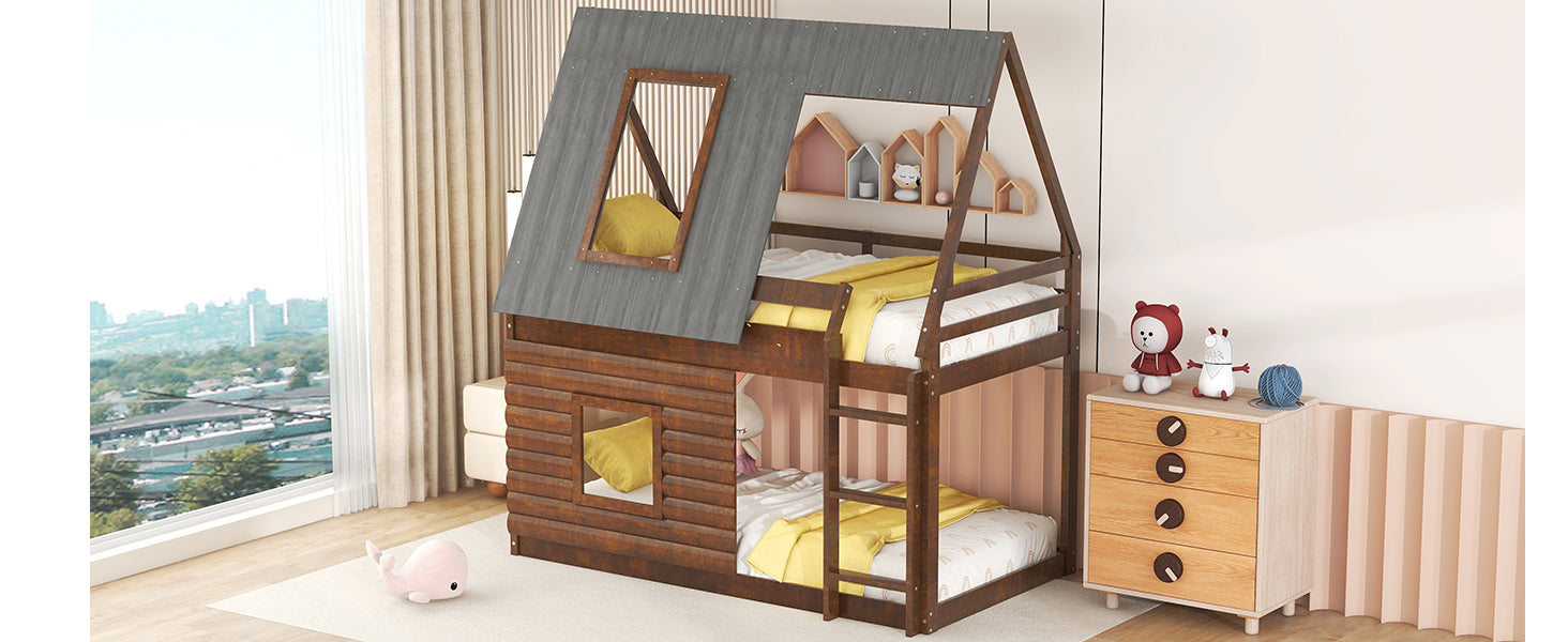 Wood Twin Size House Bunk Bed with Roof, Ladder and 2 Windows, Oak &amp; Smoky Grey