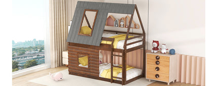 Wood Twin Size House Bunk Bed with Roof, Ladder and 2 Windows, Oak &amp; Smoky Grey