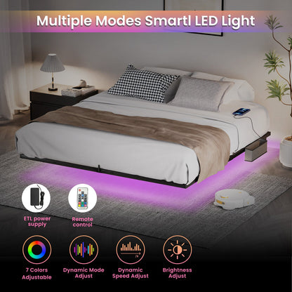 Floating Bed Frame King Size with LED Lights ＆ charging station, Metal Platform Queen Bed, 79.9&