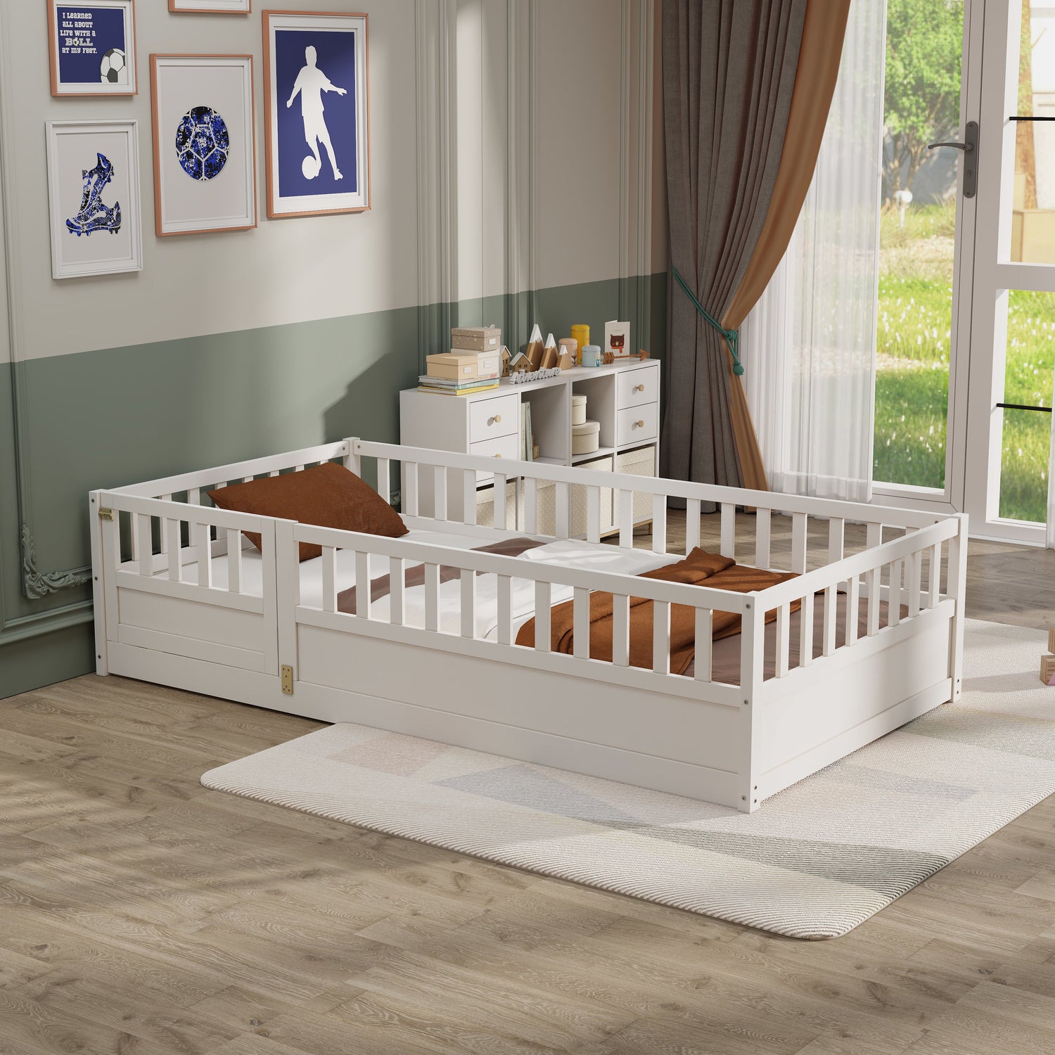 Double bed floor standing bed with ultra-high safety barrier, children&