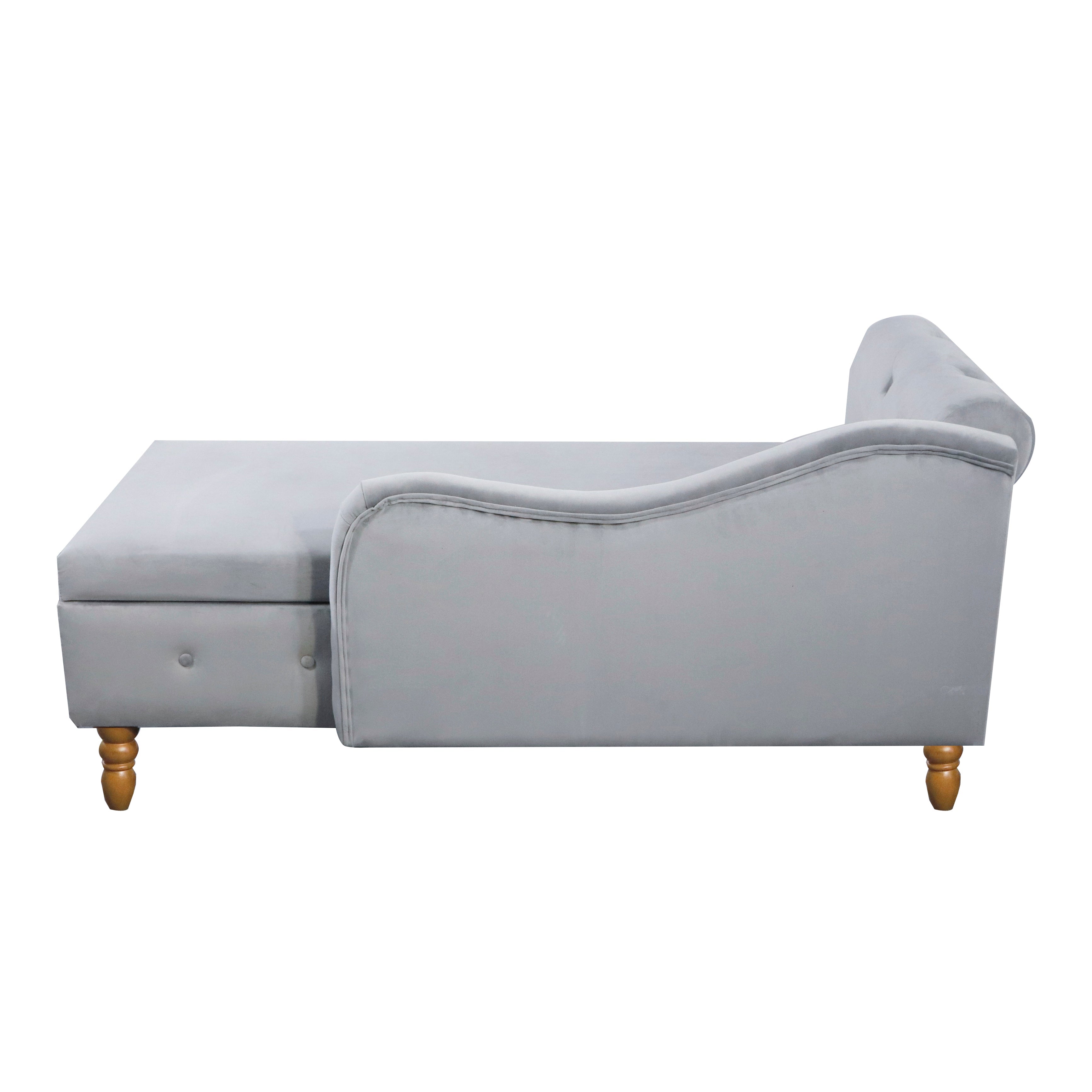 Grey Chaise Lounge Indoor Velvet Lounge Chair for Bedroom with Storage &amp; Pillow Modern Upholstered Rolled Arm Chase Lounge